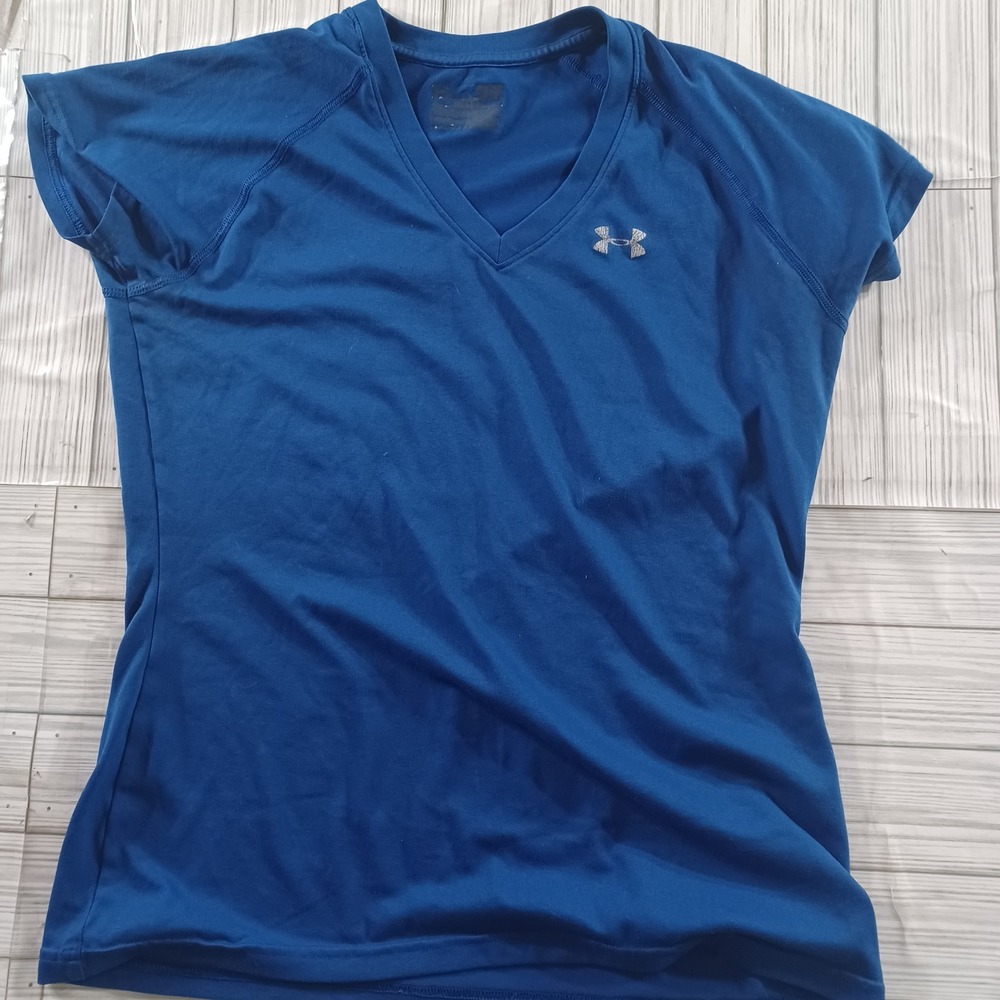 Under Armour Womens HeatGear V-Neck Short Sleeve Athletic T-Shirt Blue Size S